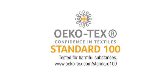 Bilde med tekst: OEKO-TEX Confidence in textiles, standard 100, Tested for harmful substances. www.oeko-tex.com/standard100